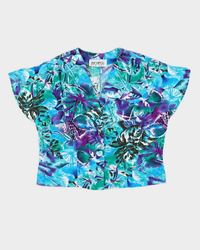 00s Turquoise Patterned Short Sleeve Blouse - S