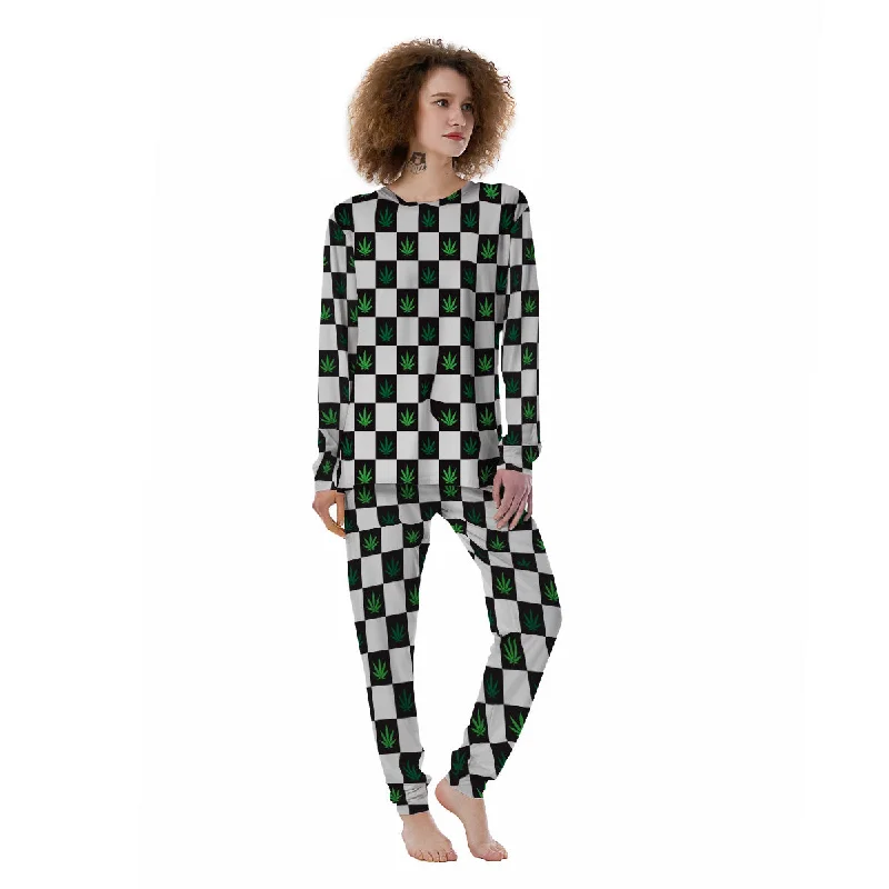 Checked Green Weed Print Pattern Women's Pajamas