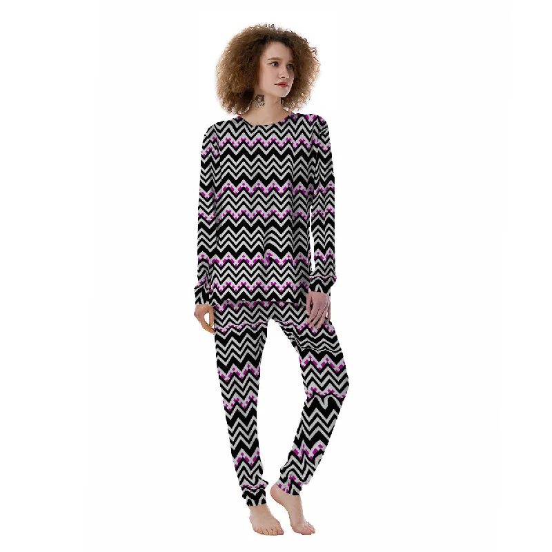 Chevron Zigzag Black Pink Print Pattern Women's Pajamas