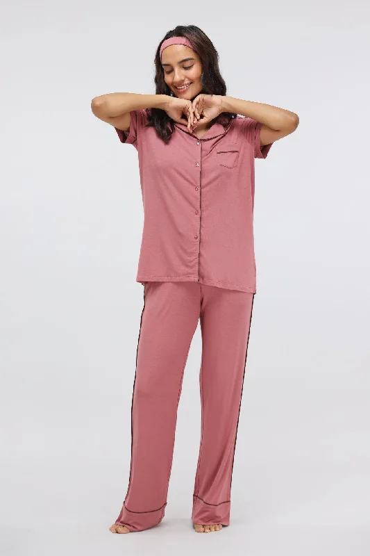 Deco Rose Piping Modal Pajama Set with Half Sleeve top