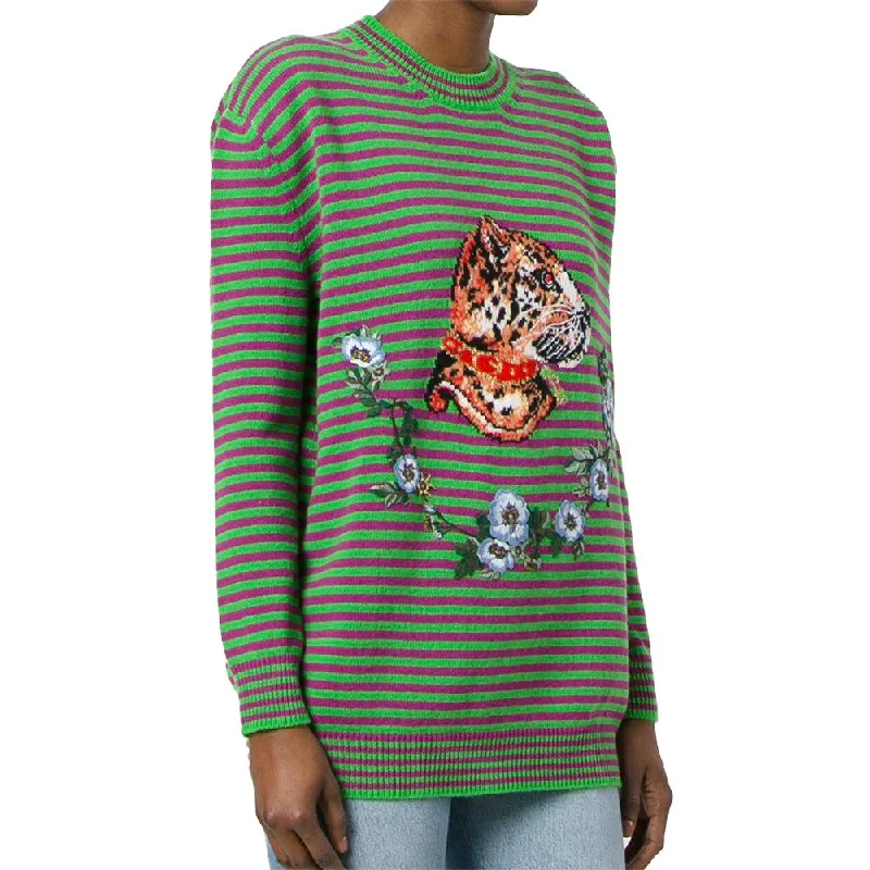 Gucci Women's Wool Striped Leopard Head Sweater Green