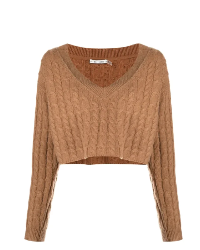 Alice + Olivia Women's Ayden Camel Cashmere Wool Cropped V-Neck Cabled Knit Sweater Pullover