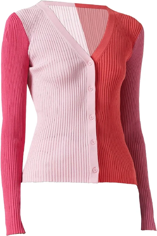 STAUD Women's Color Block Ribbed Knit V-Neck Cargo Sweater, Flamingo Multi