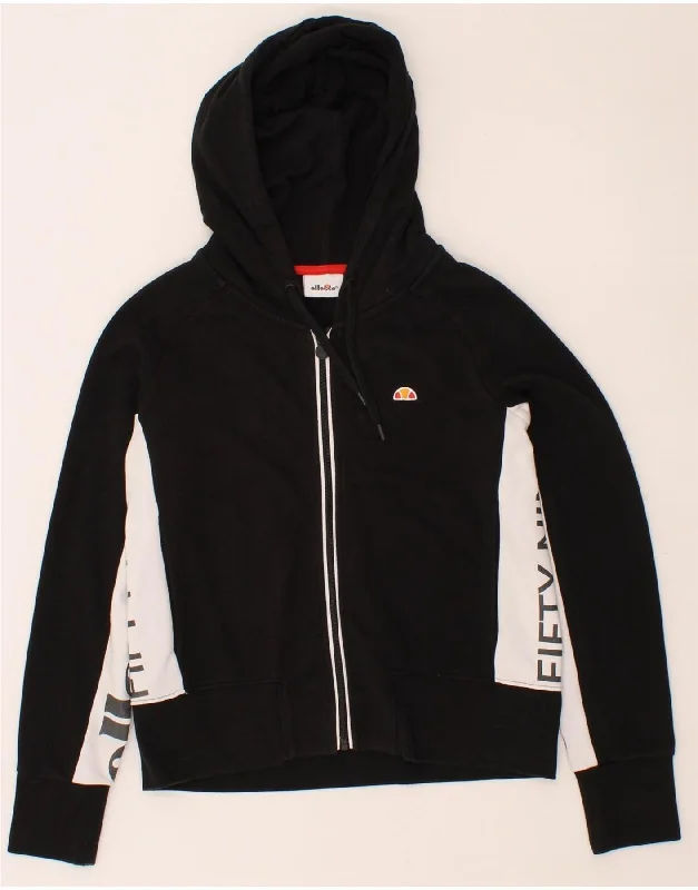 ELLESSE Womens Graphic Zip Hoodie Sweater UK 10 Small Black Colourblock