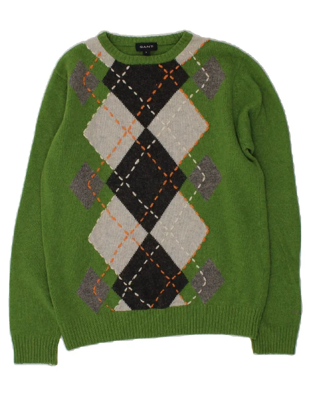 GANT Womens Boat Neck Jumper Sweater UK 14 Medium Green Argyle/Diamond