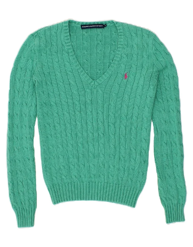 RALPH LAUREN Womens V-Neck Jumper Sweater UK 10 Small Green Cotton