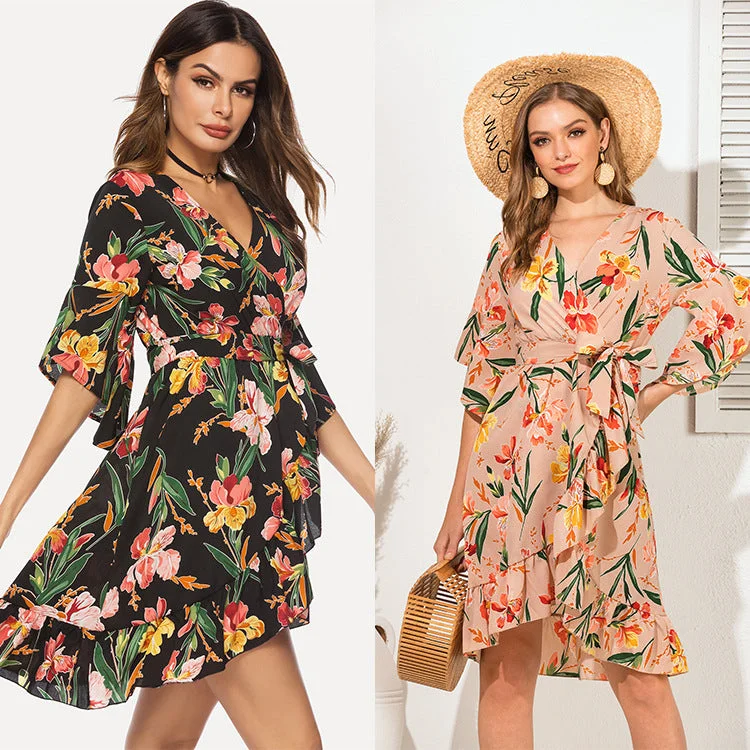 Casual V Neck Floral Print Ruffled Short Daily Dresses