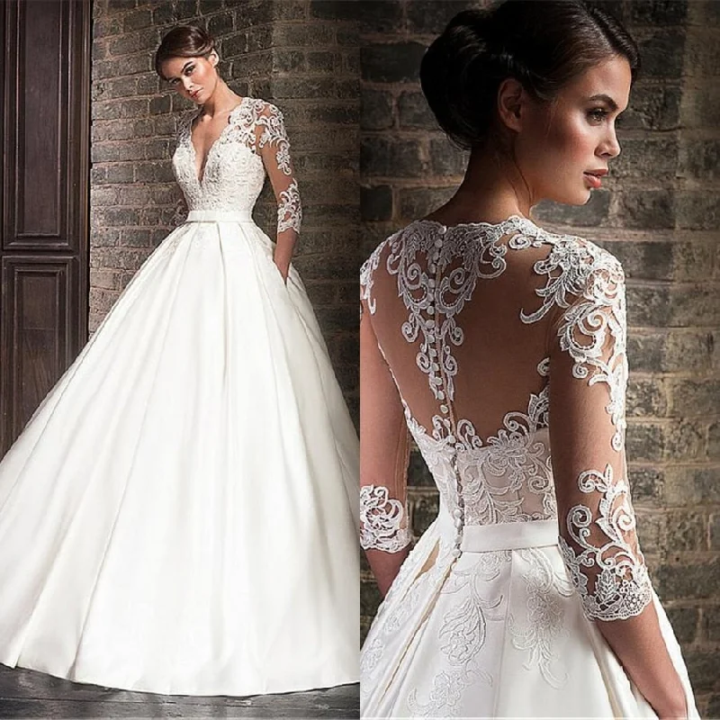 Wedding Gowns Luxury V-neck Satin With Lace Wedding Dresses