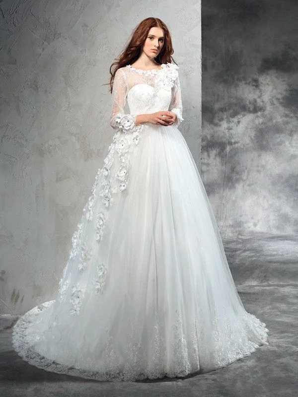 Ball Gown Sheer Neck Hand-Made Flower Long Sleeves Long Net Wedding Dresses