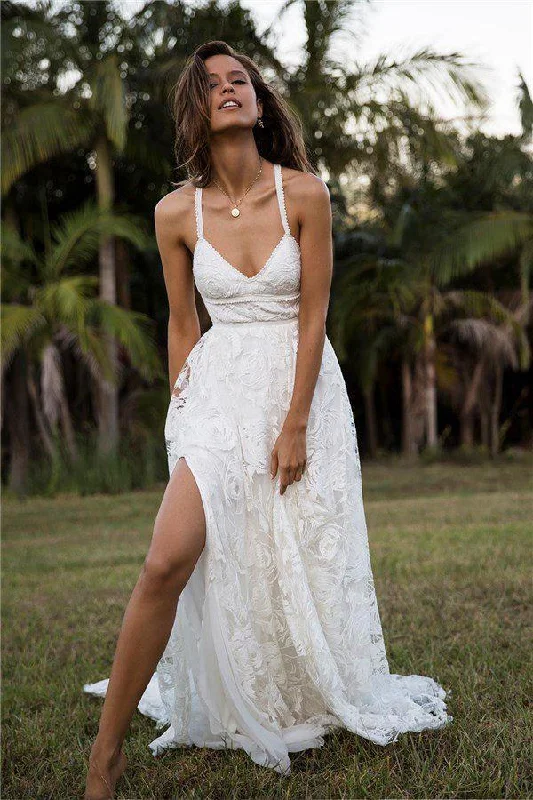 Charming Lace Long A-line Spaghetti Straps Ivory V-Neck Beach Wedding Dress WK416