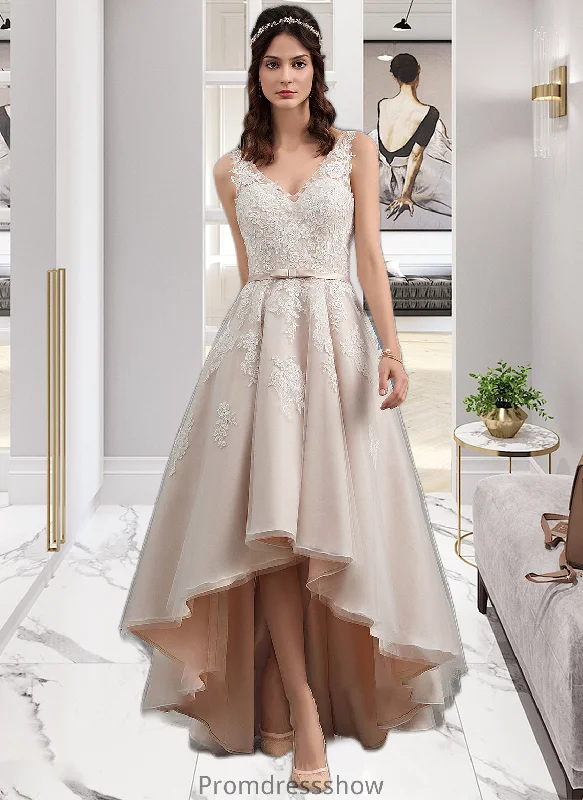 Joy A-Line V-neck Asymmetrical Tulle Lace Wedding Dress With Bow(s) STKP0013717