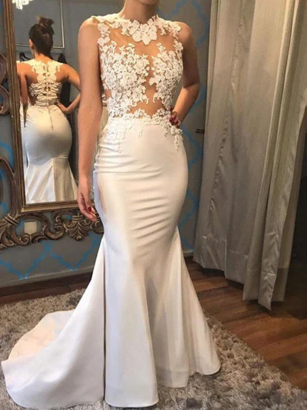 Trumpet/Mermaid Sleeveless Scoop Court Train Applique Satin Wedding Dresses TPP0005962