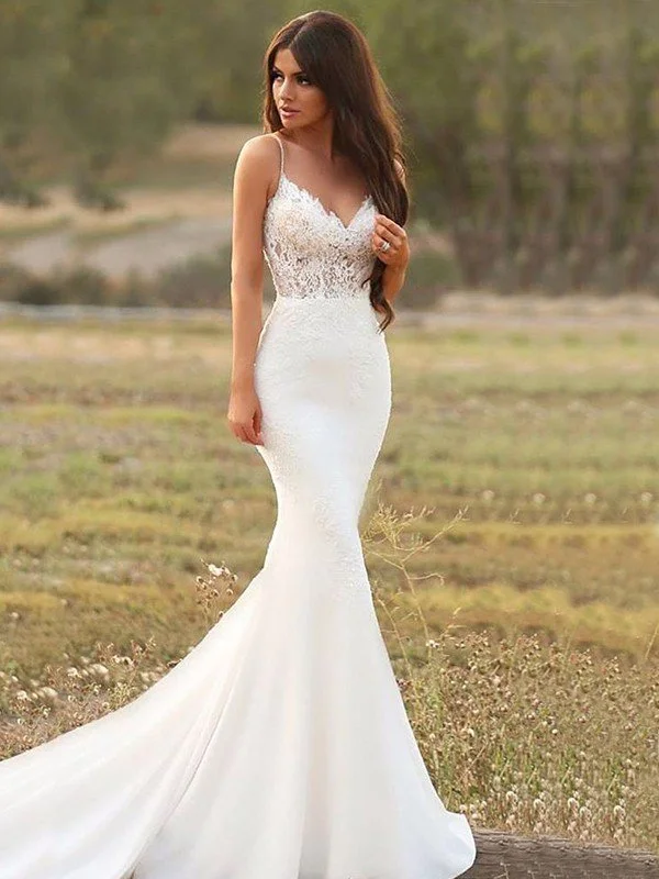 Trumpet/Mermaid Stretch Crepe Applique Spaghetti Straps Sleeveless Sweep/Brush Train Wedding Dresses TPP0005953