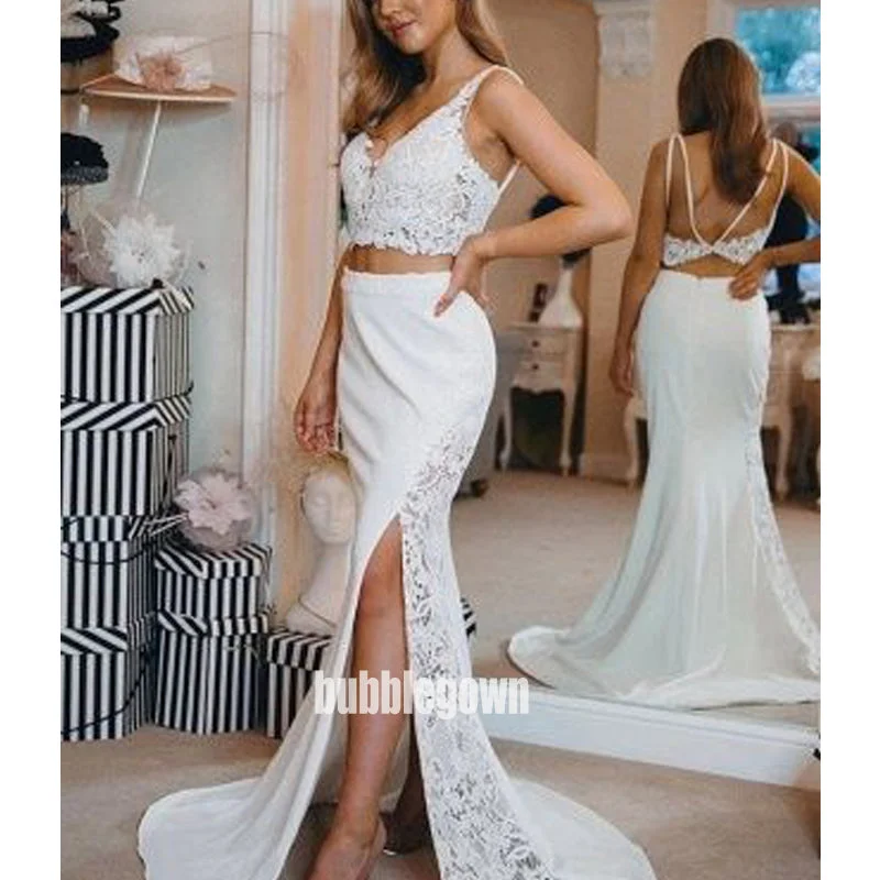 Two Piece V-neck Split Side Long Wedding Dress WDH043