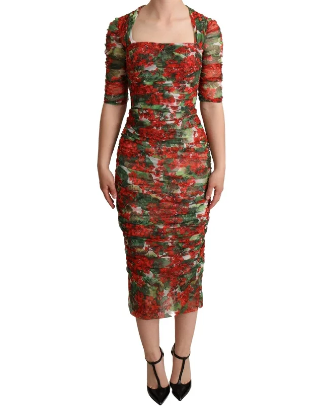 Dolce & Gabbana Floral Print Tulle Sheath Midi Dress