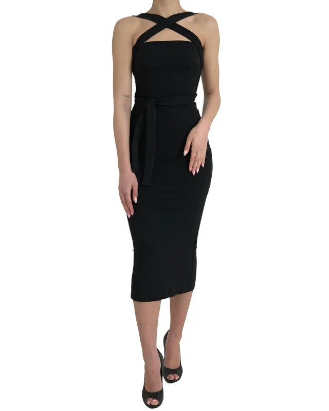 Dolce & Gabbana Elegant  Sheath Halter Midi Dress from Italy with Back Zipper and Logo Detail