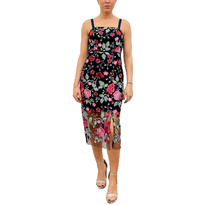 Womens Embroidered Mid-Calf Midi Dress