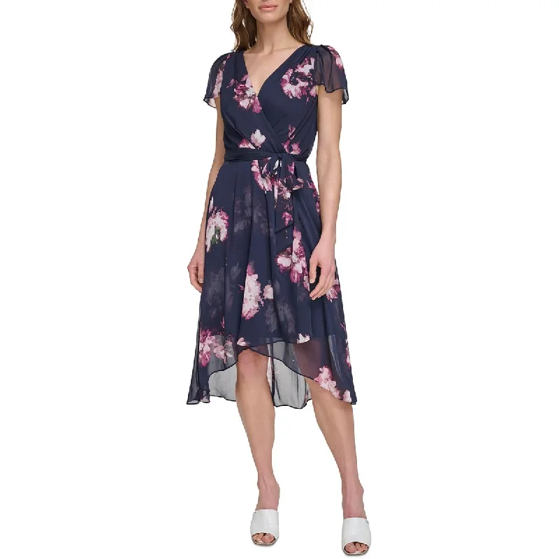 Petites Womens Floral Print Crepe Midi Dress