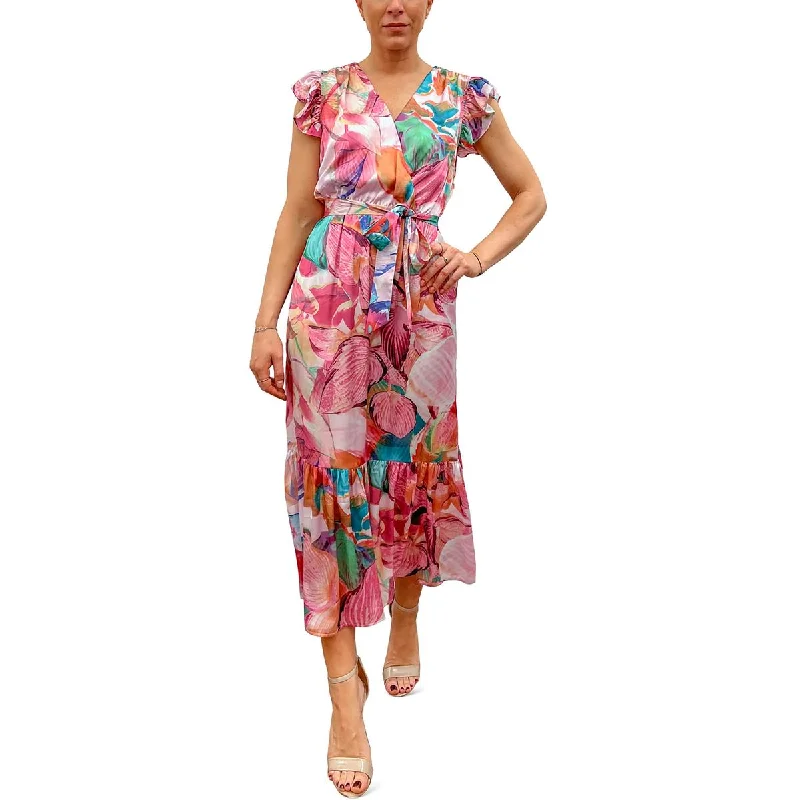 Womens Floral Faux Wrap Midi Dress