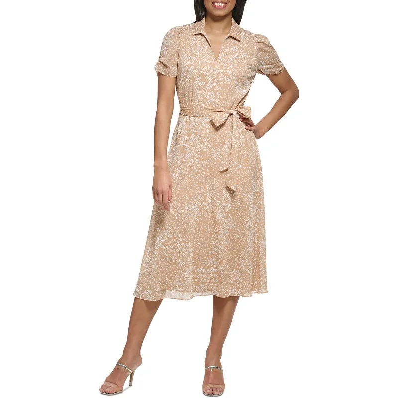 Womens Chiffon Belted Midi Dress