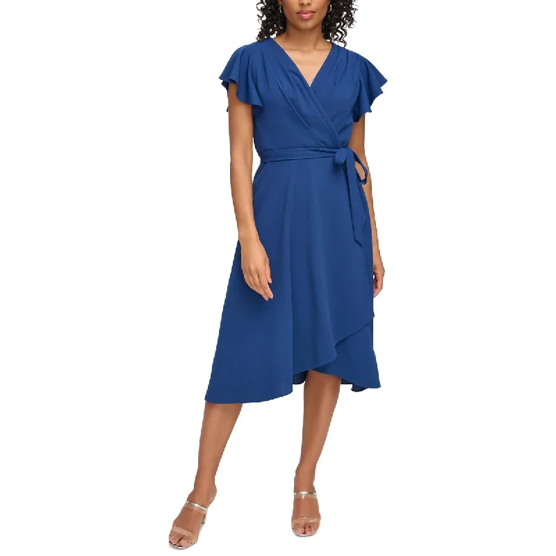 Womens Faux Wrap Pleated Midi Dress