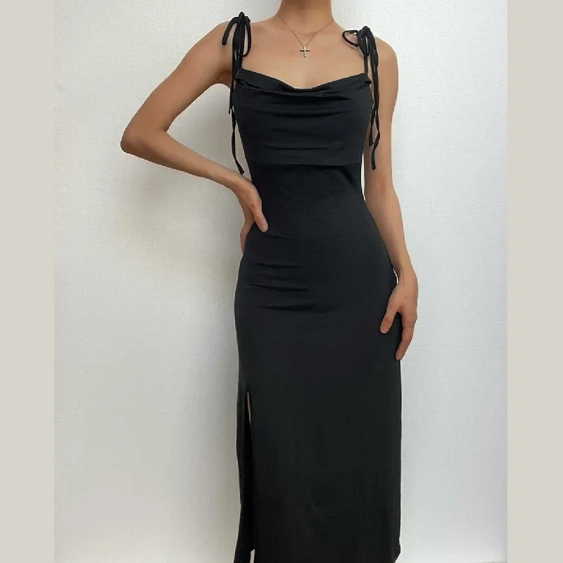 Cowl neck solid slit backless self tie ruched midi dress