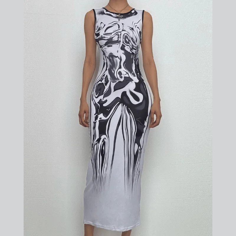 Crewneck abstract body print tank midi dress