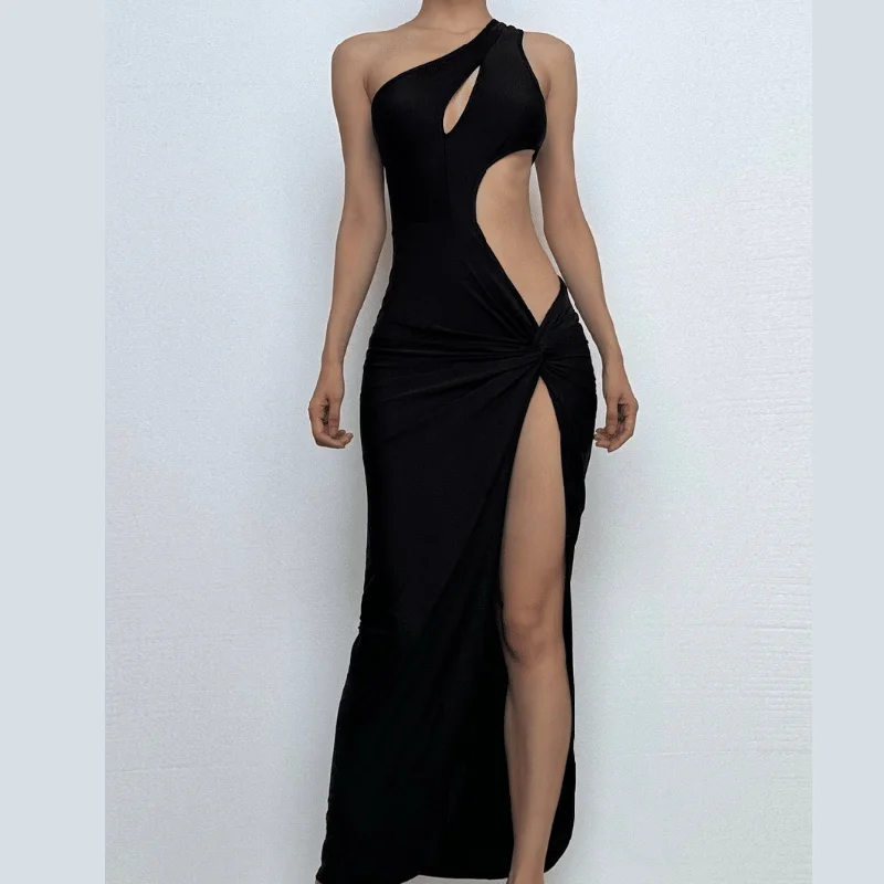 One shoulder hollow out ruched high slit cut out midi dress