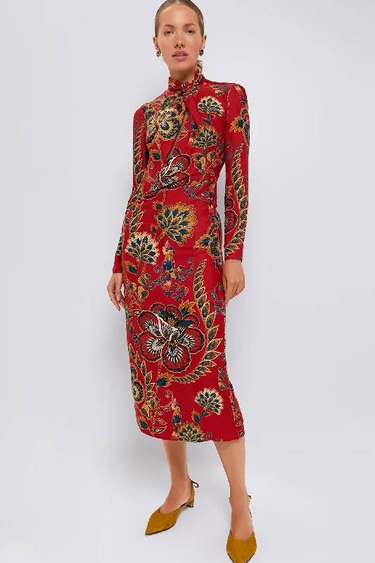 Red Floral Cutout Long Sleeve Midi Dress