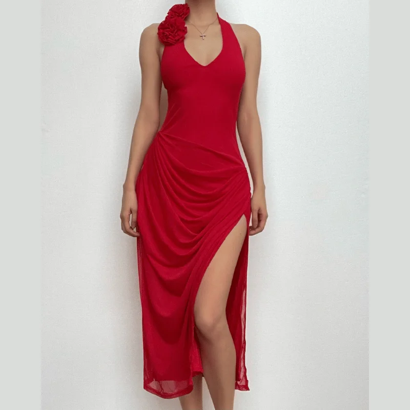 V neck solid halter flower applique backless slit midi dress