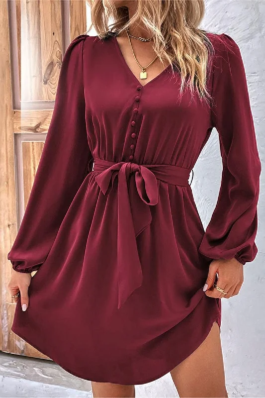 TIED WAIST BUTTON NECK LONG SLEEVE DRESS