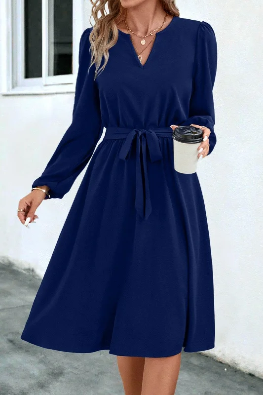 WOMEN V NECK LONG SLEEVE BELTED KNEE LENGTH DRESS