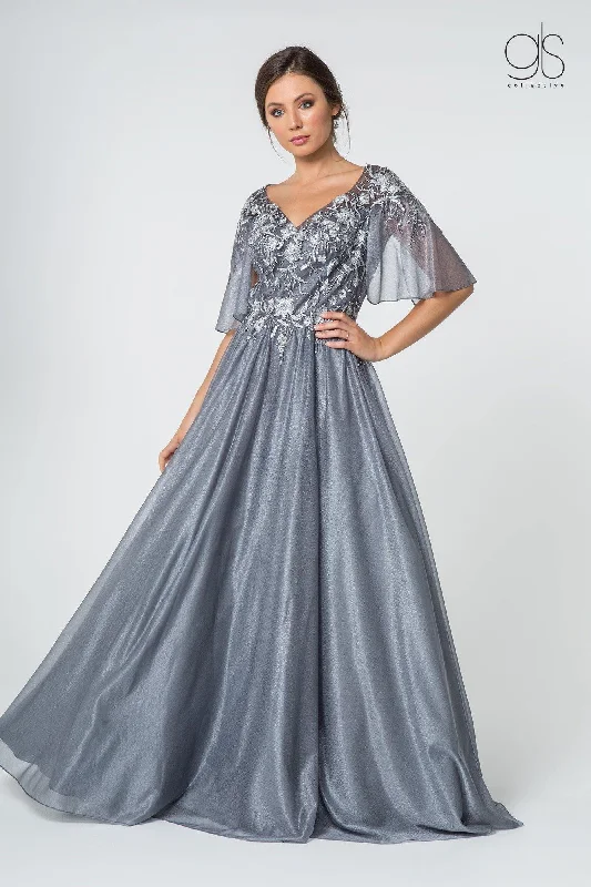 Long Formal Mother of the Bride Cape Sleeve Dress