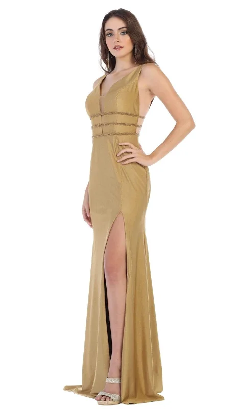 May Queen - MQ1582 Plunging Beaded Tri-Band High Slit Gown