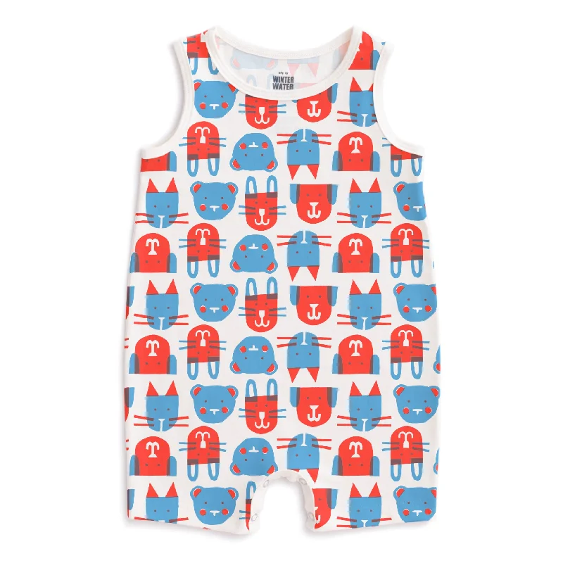 Tank Top Romper - Furry Friends Red & Blue