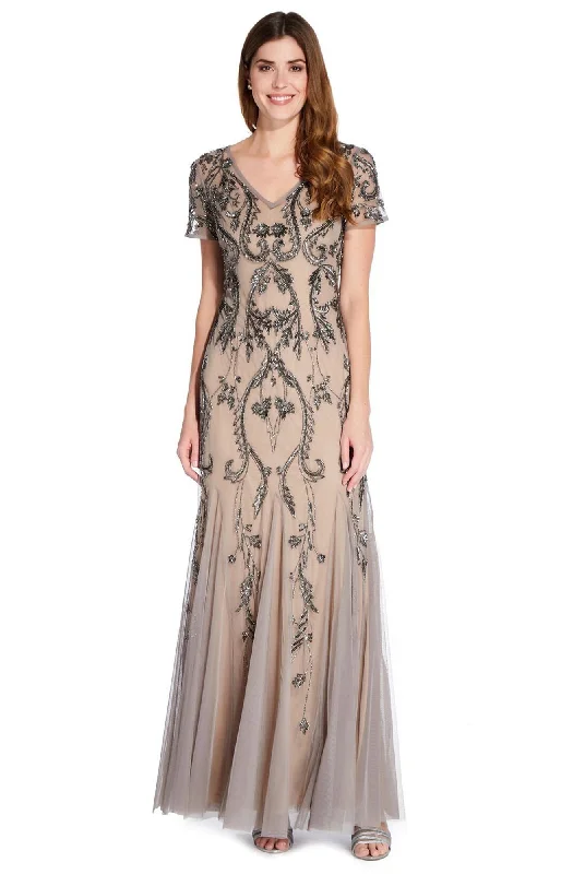 Adrianna Papell - Sheer Sleeve Beaded Mermaid Dress AP1E204586SC