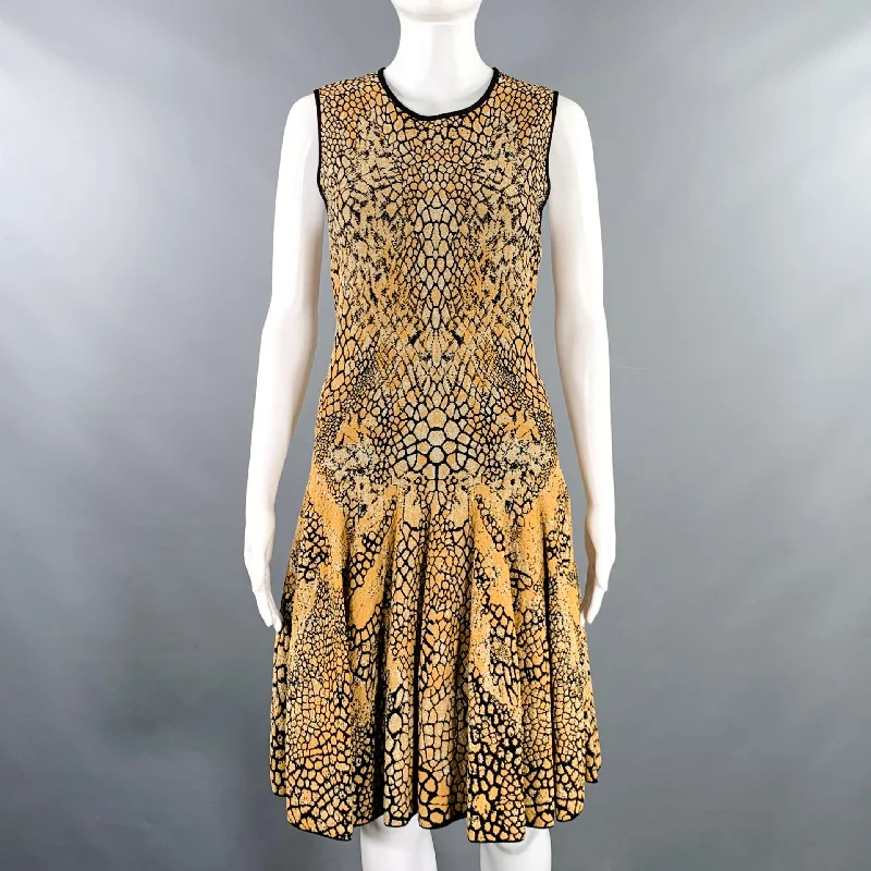 ALEXANDER MCQUEEN Size M Black Gold Viscose Blend Marbled Sleeveless Dress