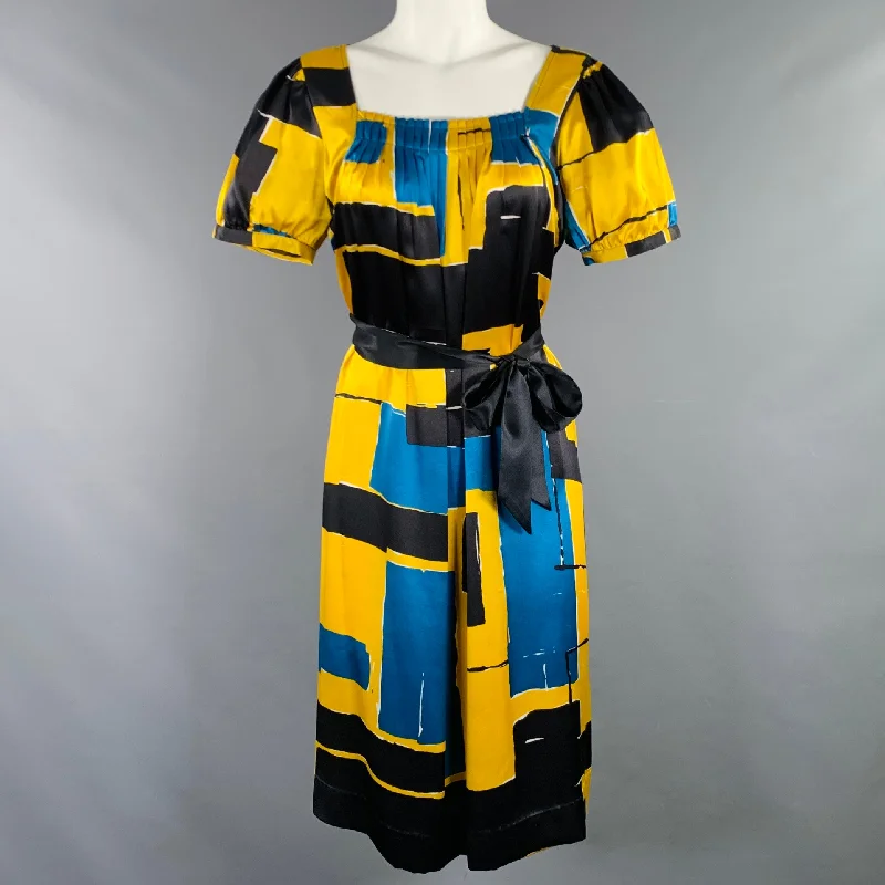 ALFANI Size 8 Yellow Black Silk Abstract Pleated Belted Dress