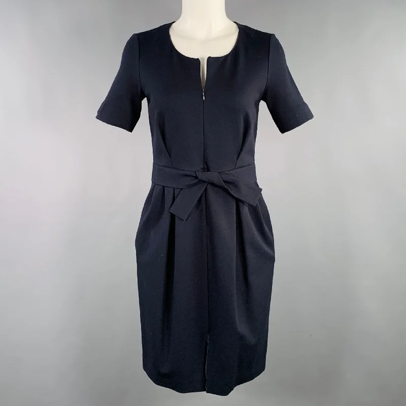 ARMANI COLLEZIONI Size 4 Navy Viscose Blend Pleated Zip Up Dress