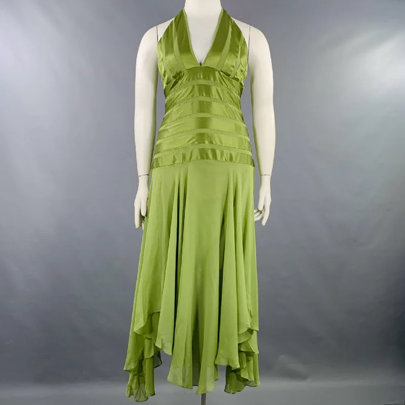 BCBG Size 12 Green Silk Mixed Fabrics Halter Mid Calf Dress