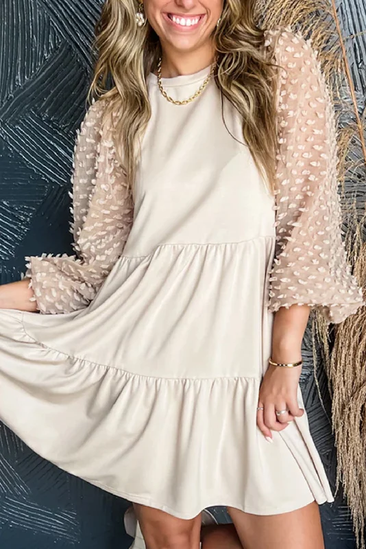 Blue Zone Planet |  Beige Embellished Puff Sleeve Tiered A-line Dress