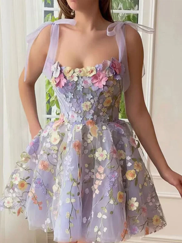 Bella's Three-Dimensional Flower Embroidery Spaghetti Strap A-Line Dress