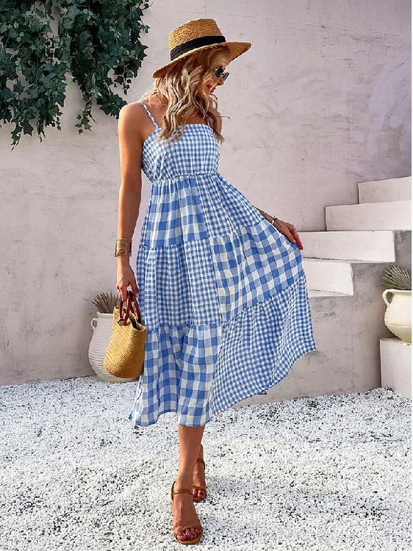 Blue Spaghetti Strap Plaid Bohemia Holiday Dress For Women