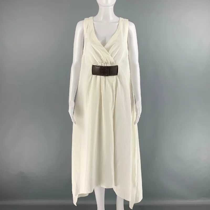 BRUNELLO CUCINELLI Size S White Brown Viscose Linen Belted Dress