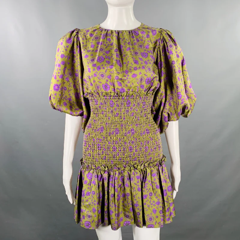 CYNTHIA ROWLEY Size XS Green Purple Silk Twill Floral Ruched Dress