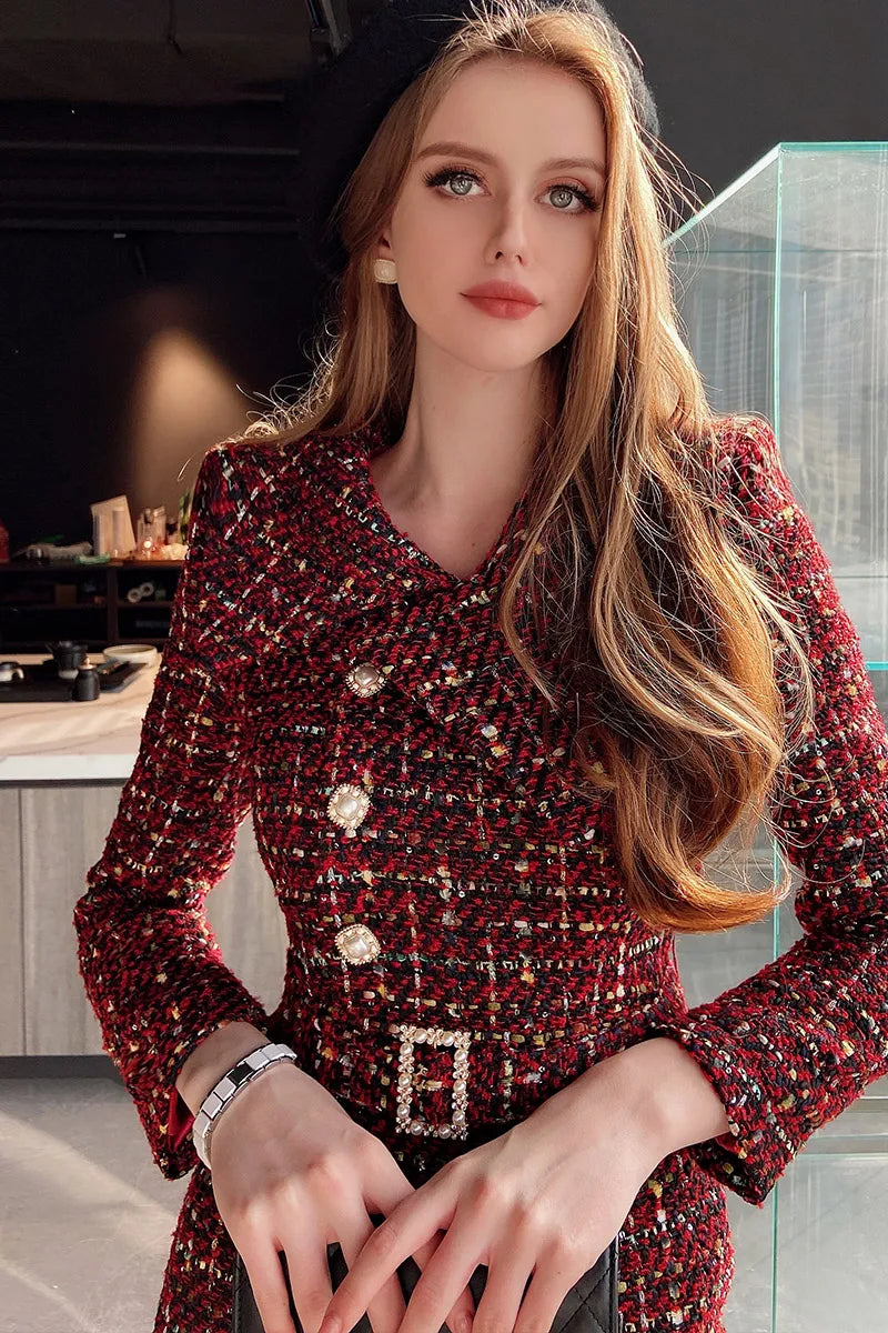 Spring Autumn Dress Female Vintage Women Trend Tweed Asymmetric Large Laple High Waist Dresses 2023 DF1DDR025