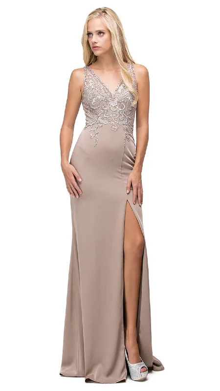 Dancing Queen - 9704SC Jeweled Swirl Motif High Slit Dress