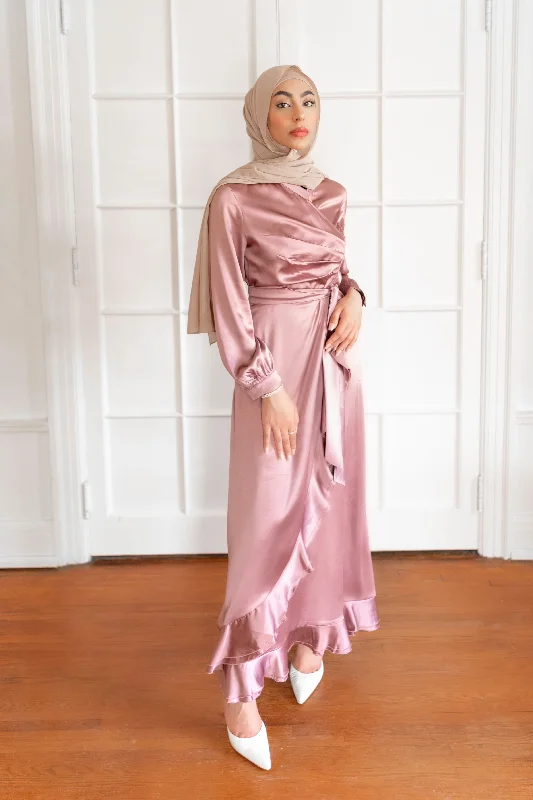 FARAH SATIN DRESS DUSTY MAUVE- final sale