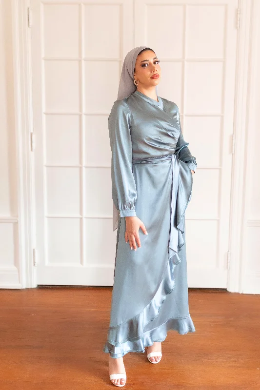 FARAH SATIN DRESS DUSTY TEAL- final sale