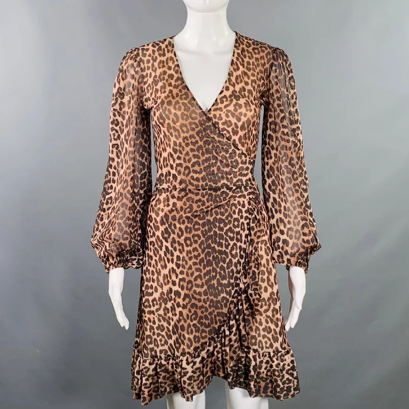 GANNI Size 2 Brown Beige Polyamide Animal Print Wrap Dress